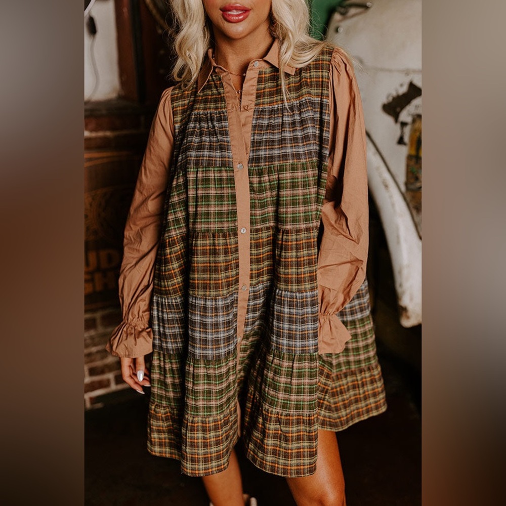 Fantastic Fawn Catching Feelings Plaid Flannel Dress Shacket Oversized NWOT S - Picture 7 of 12